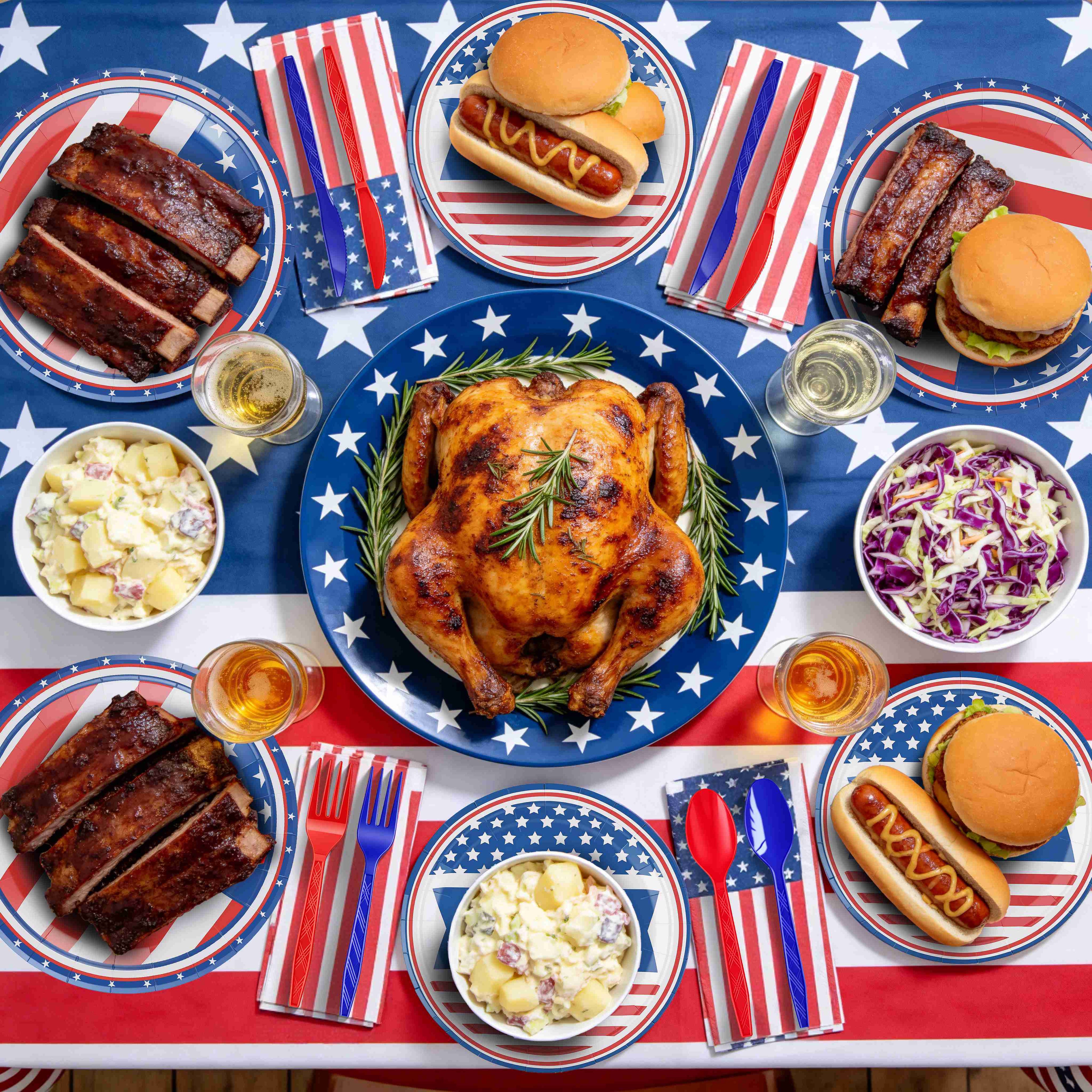 181Pcs 4th Of July 250th Anniversary Party Supplies Set Independence Day Red White Blue Disposable Tableware With Plates Cups Cutlery Napkins Banner Tablecloth Serves 24 For Memorial Day National Hol