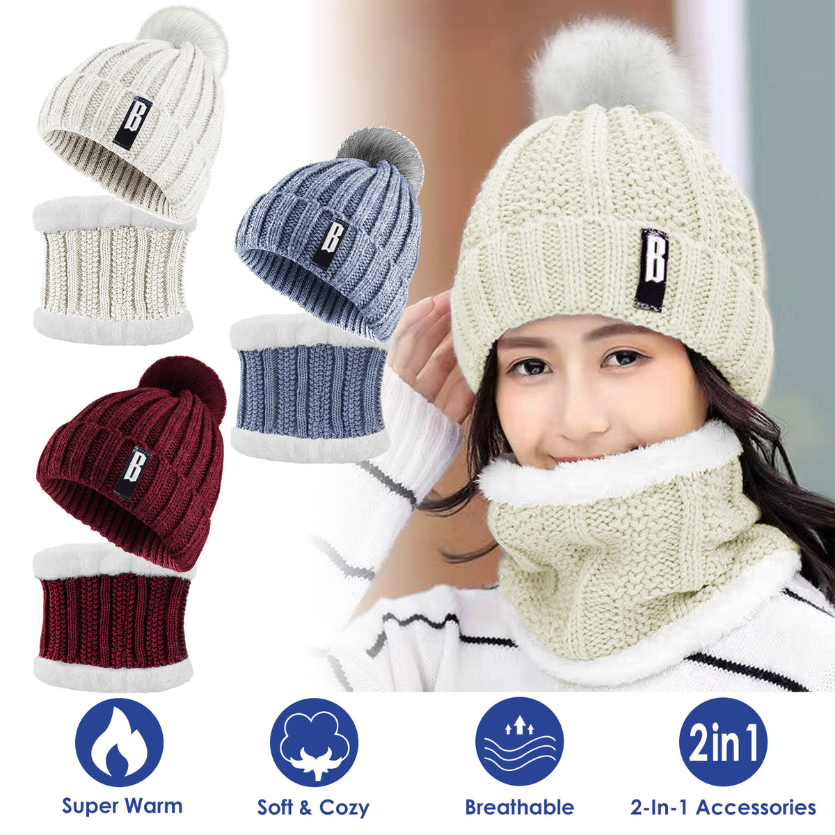 1Set Winter Beanie Hat Scarf Set Women Warm Knitting Skull Cap Neck
