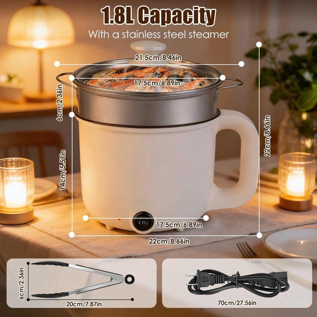 All-in-One Electric Cooking Pot Set With Glass Lid & Tongs, Ceramic Liner Dual Power Hot Pot, Compact Cooker For Dorm Small Apartment Travel