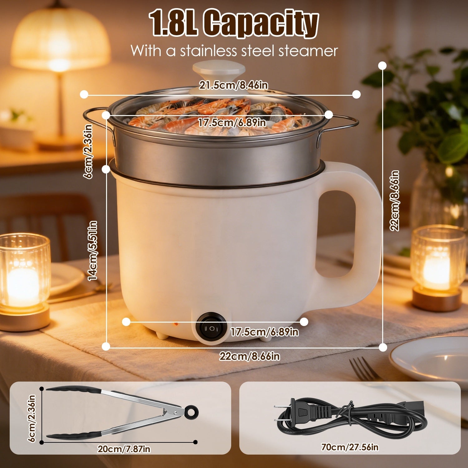 All-in-One Electric Cooking Pot Set With Glass Lid & Tongs, Ceramic Liner Dual Power Hot Pot, Compact Cooker For Dorm Small Apartment Travel