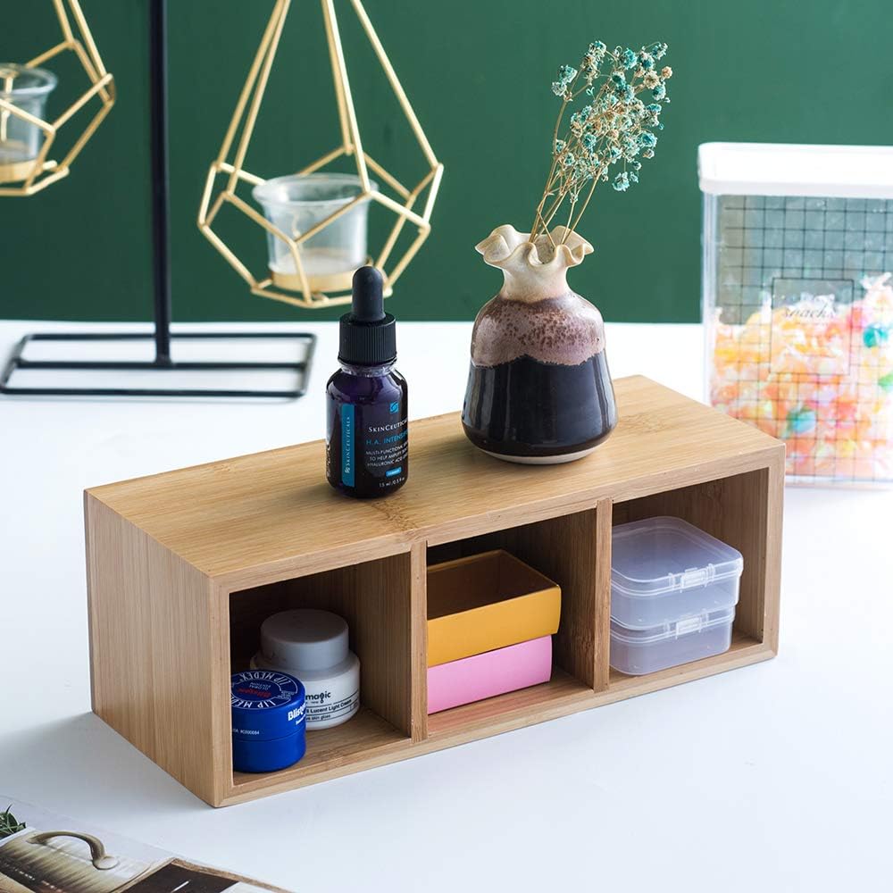 Bamboo Desk Organizer With 3 Compartments, Wooden Pen And Pencil