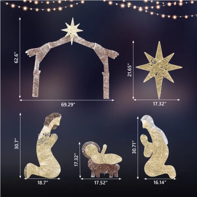 6ft Brown Roof 190LED Lights Nativity Scene Garden Jesus Decoration