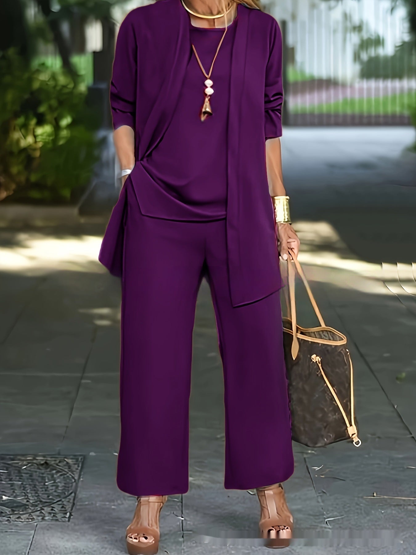 3-piece Cardigan Suit Pure Color Split Sleeveless Vest Top Long Sleeve Jacket And Wide Leg Pants Set