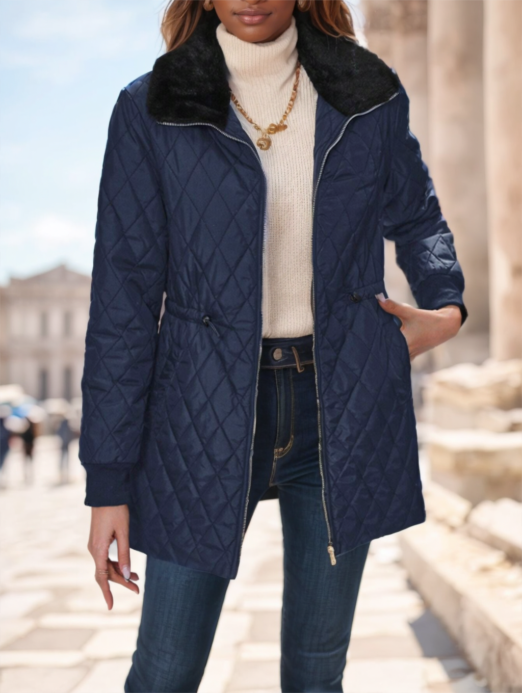 Women's Fur Collar Drawstring Padded Winter Coat