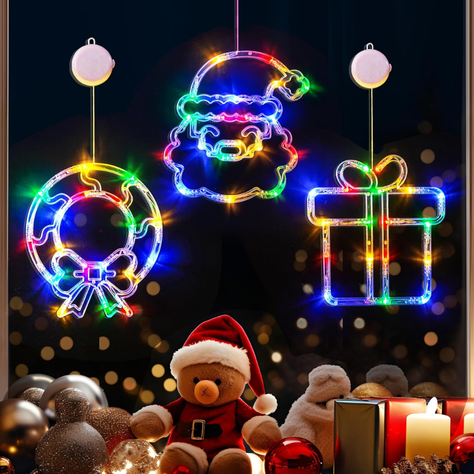 3 Pack Christmas Window Lights, Wreath, Gift Box & Santa