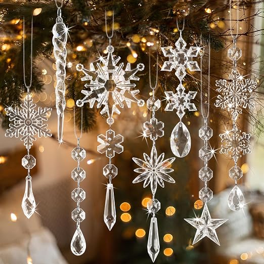18-Piece Crystal Christmas Snowflake And Icicle Hanging Ornaments