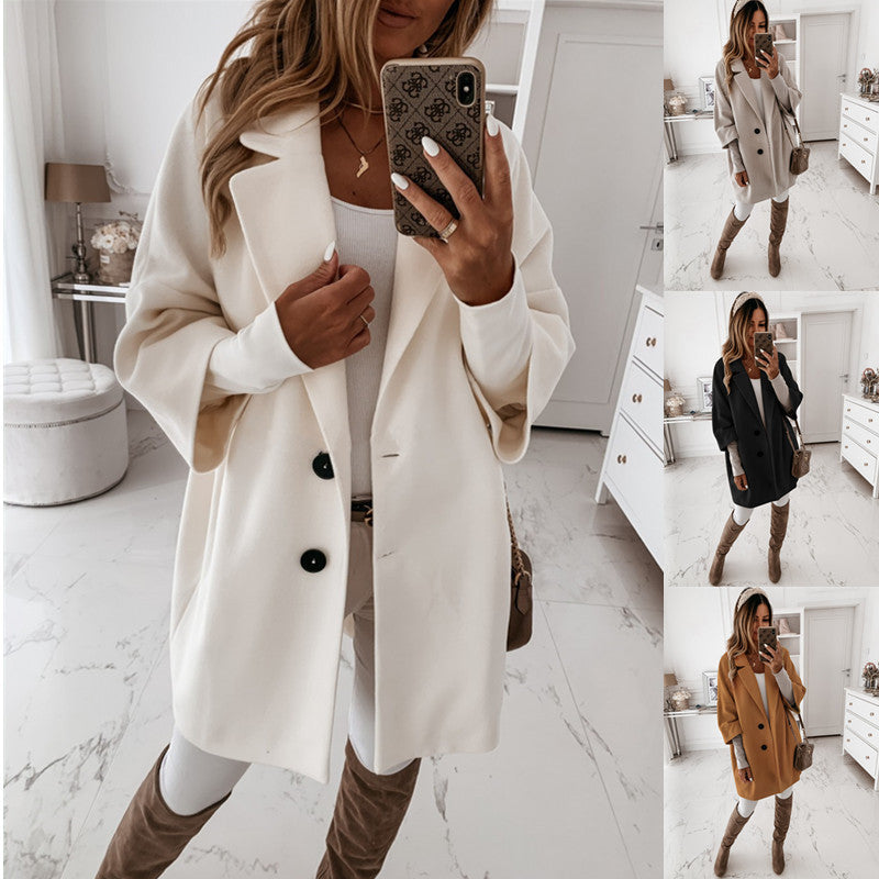 Womens Buttoned Lapel Pocket Wool Coat