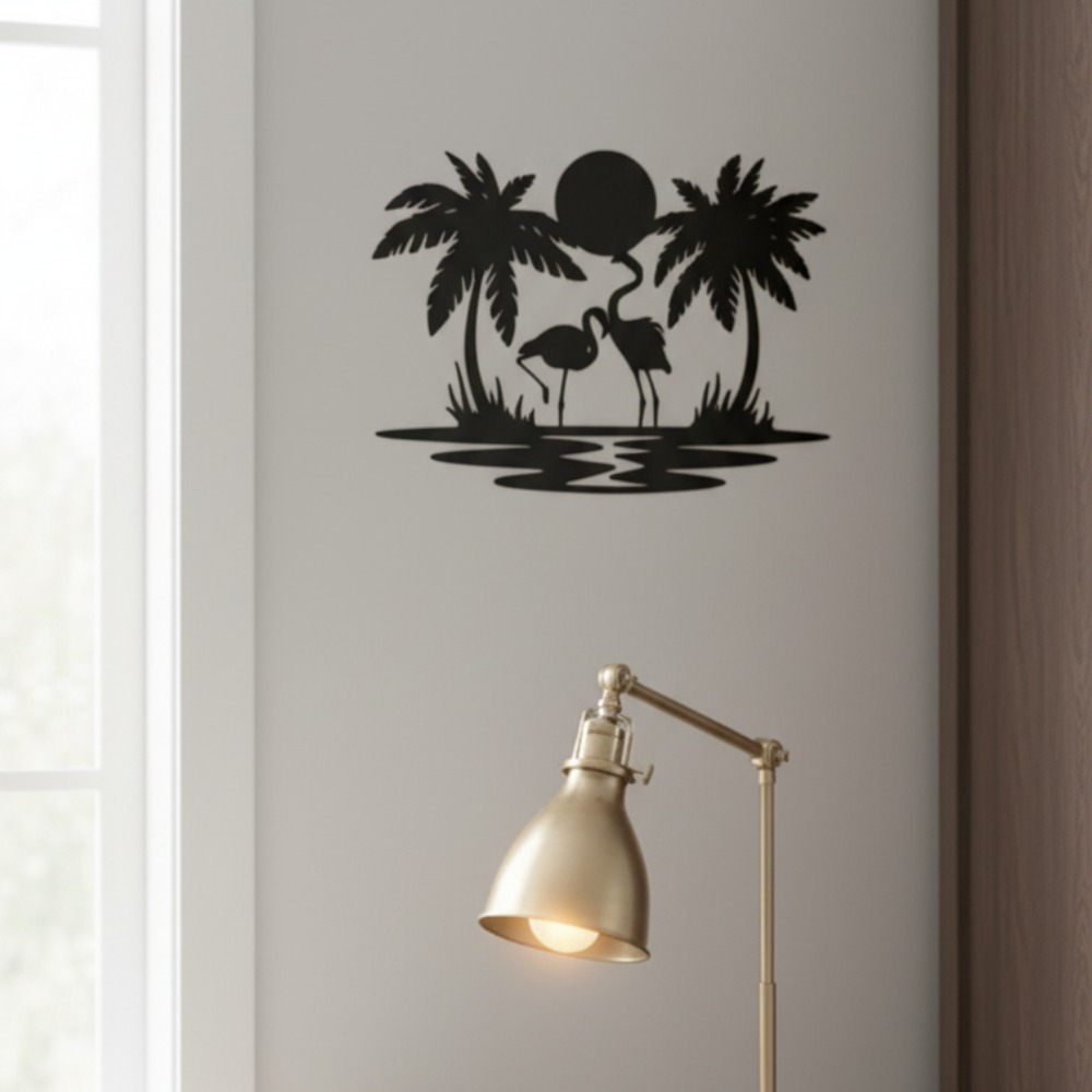Palm Trees & Flamingos Sunset Metal Silhouette