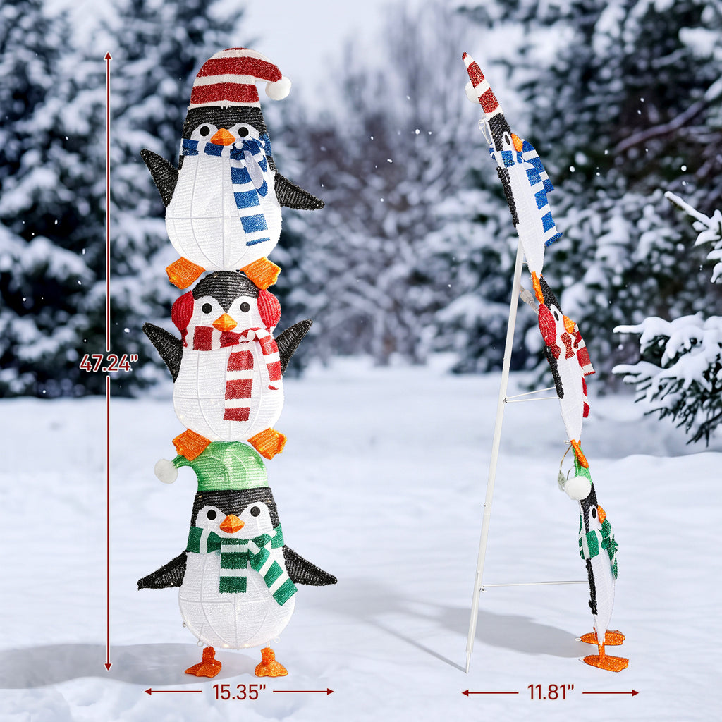 4 ft Lighted 2.5D Stacked Penguins - 63 Warm White LEDs