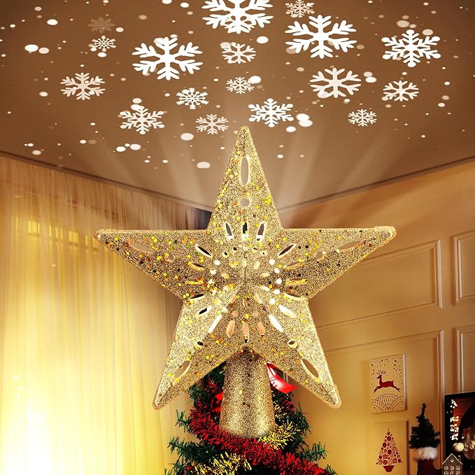 Christmas Star Tree Topper with Snowflake Projector