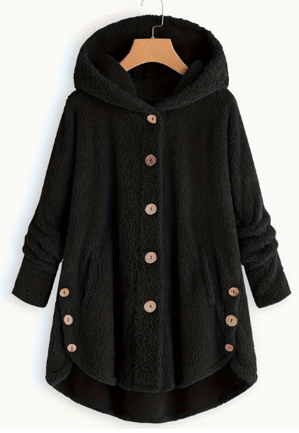 Women's Plus Size Hooded Plush Button Jacket