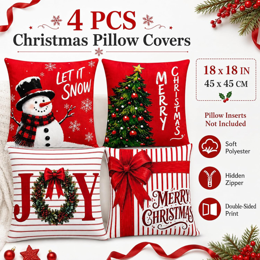Set Of 4 Double-Sided Print Christmas Pillow Covers Christmas