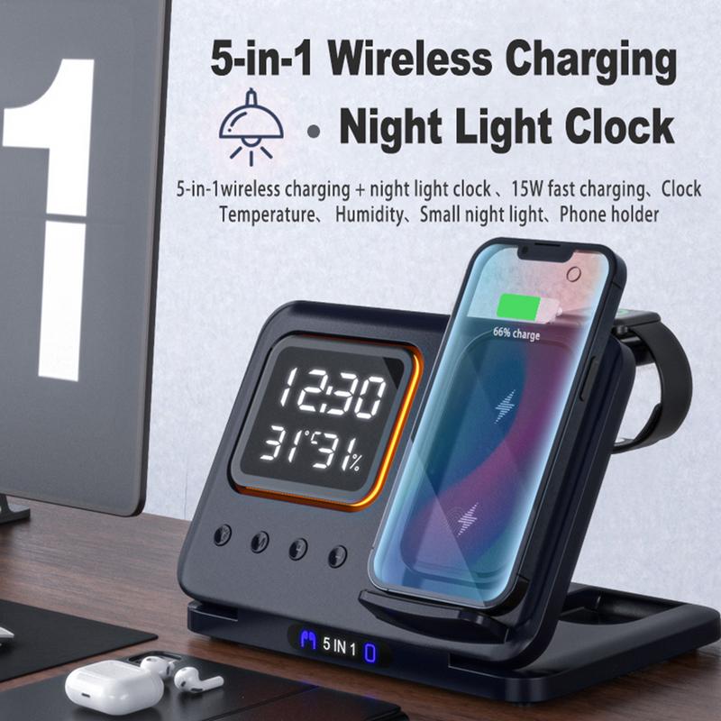 5-in-1 Wireless Charger Stand with LED Alarm Clock