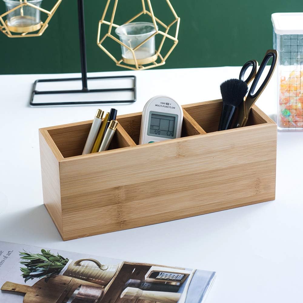Bamboo Desk Organizer With 3 Compartments, Wooden Pen And Pencil