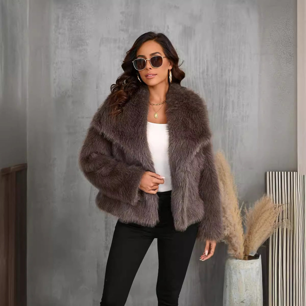 Women's Fluffy Faux Fur Short Coat with Large Lapel