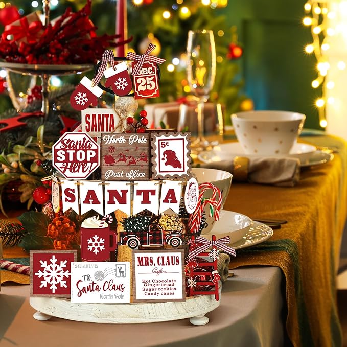 17-Piece Rustic Christmas Tiered Tray Decor Set With Santa