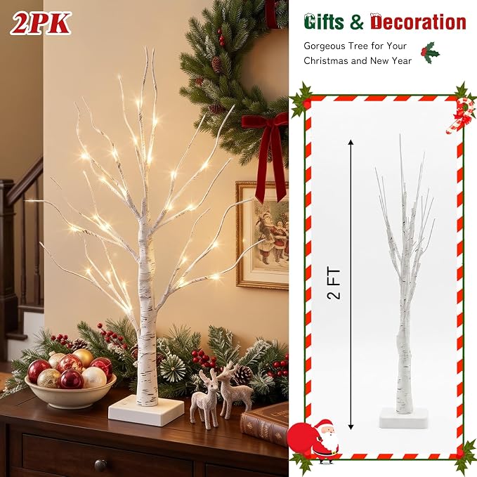 2 ft Pre-Lit Birch Trees, 2 pcs