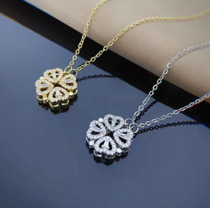 Magnetic Folding Heart Four-Leaf Clover Necklace