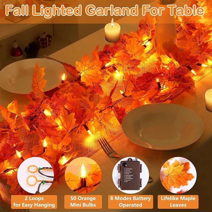 10FT 50 LED Fall Garland With Lights, Battery Operated Timer Garland