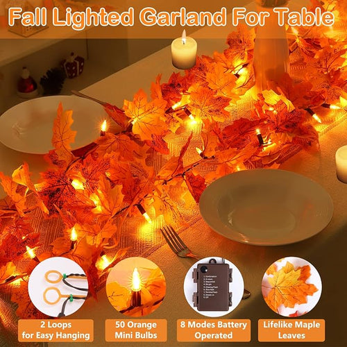10FT 50 LED Fall Garland With Lights, Battery Operated Timer Garland