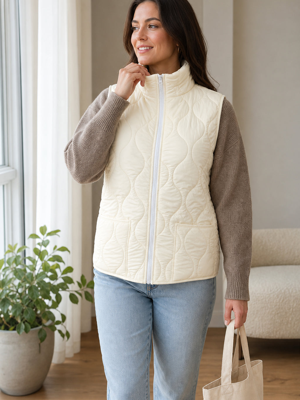 Women's Quilted Puffer Vest - Stand Collar, Full Zip