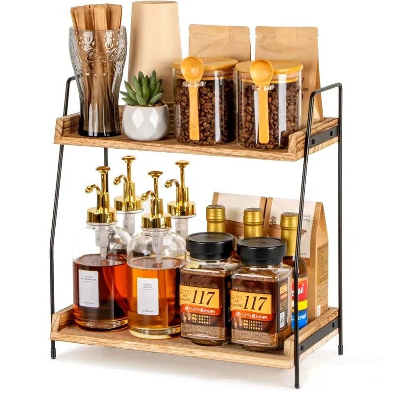 2-Tier Coffee Station Organizer For Countertop, Wooden Kitchen Counter Shelf UK
