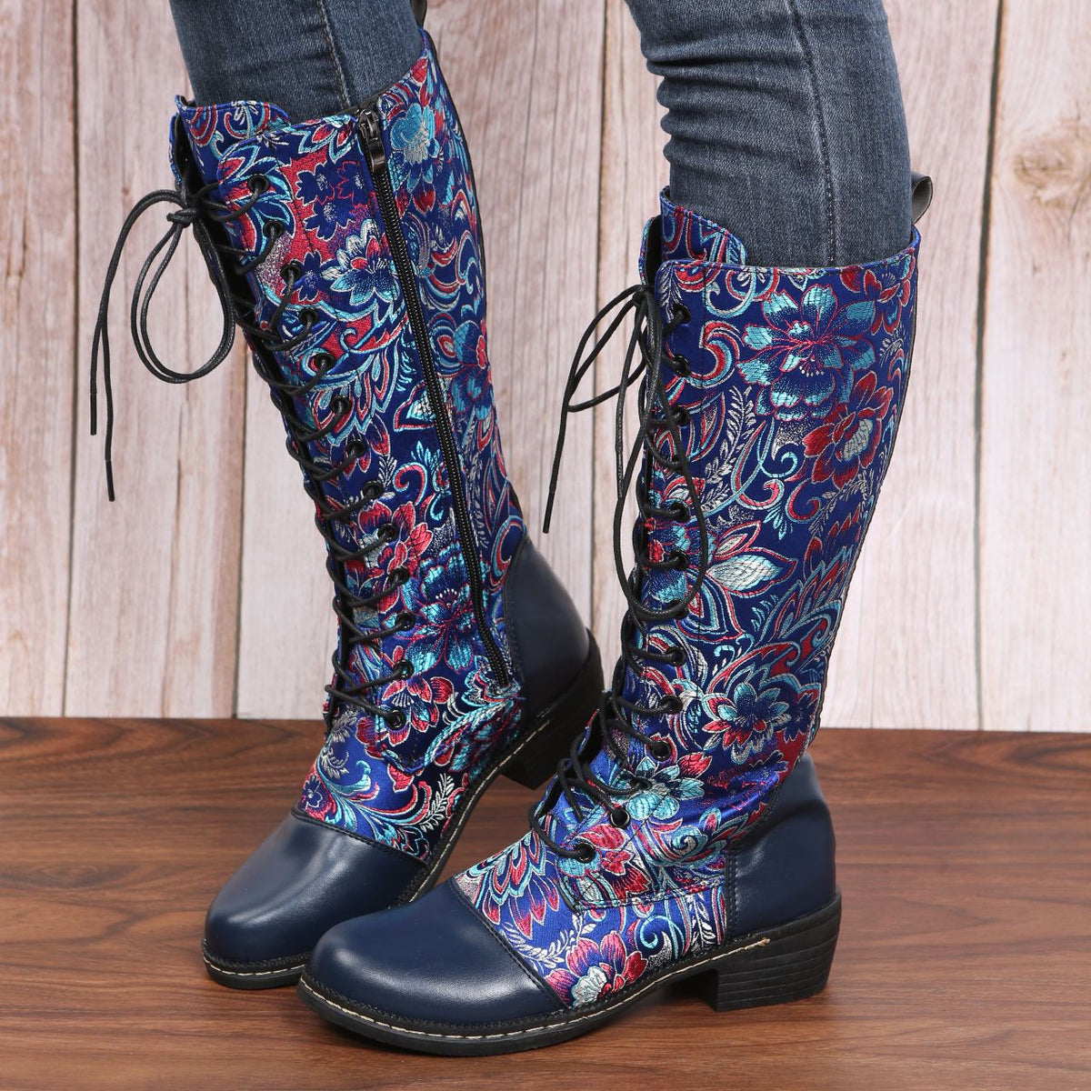 Women's Retro Floral Print Lace-Up Winter Boots
