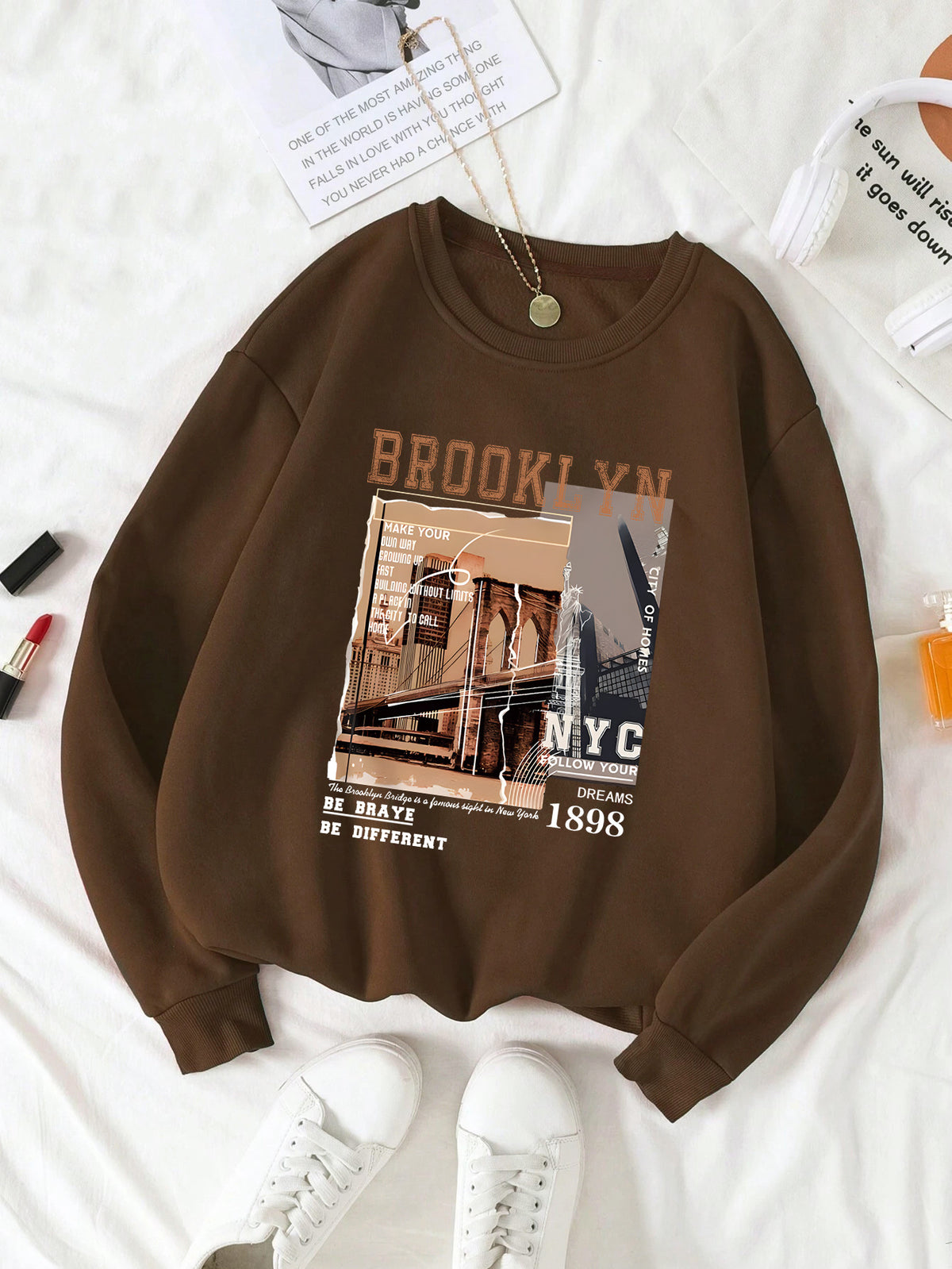 Women's Thermal Lined Print Crew Neck Pullover