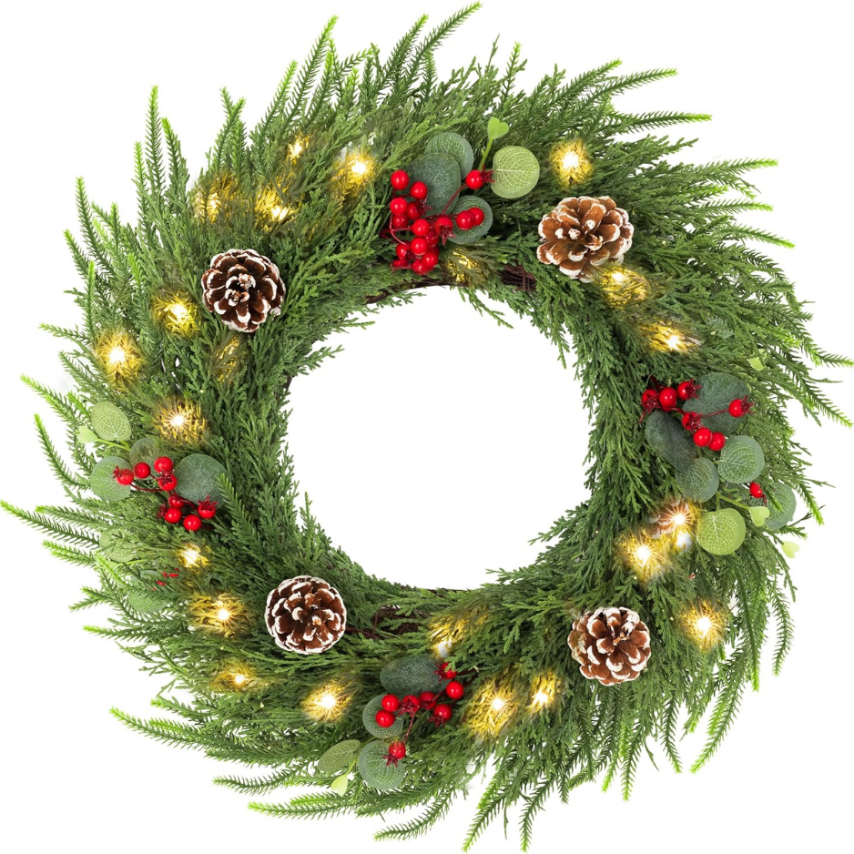 24INCH Christmas Eucalyptus Wreath With 50 LED Lights For Front Door