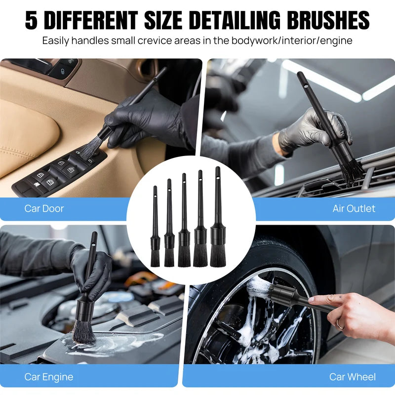 Car Detailing Brush Set, Kit, Brushes, Cleaning Windshield Tool, Professional Care Kit - Wash For Interior Exterior Wheels