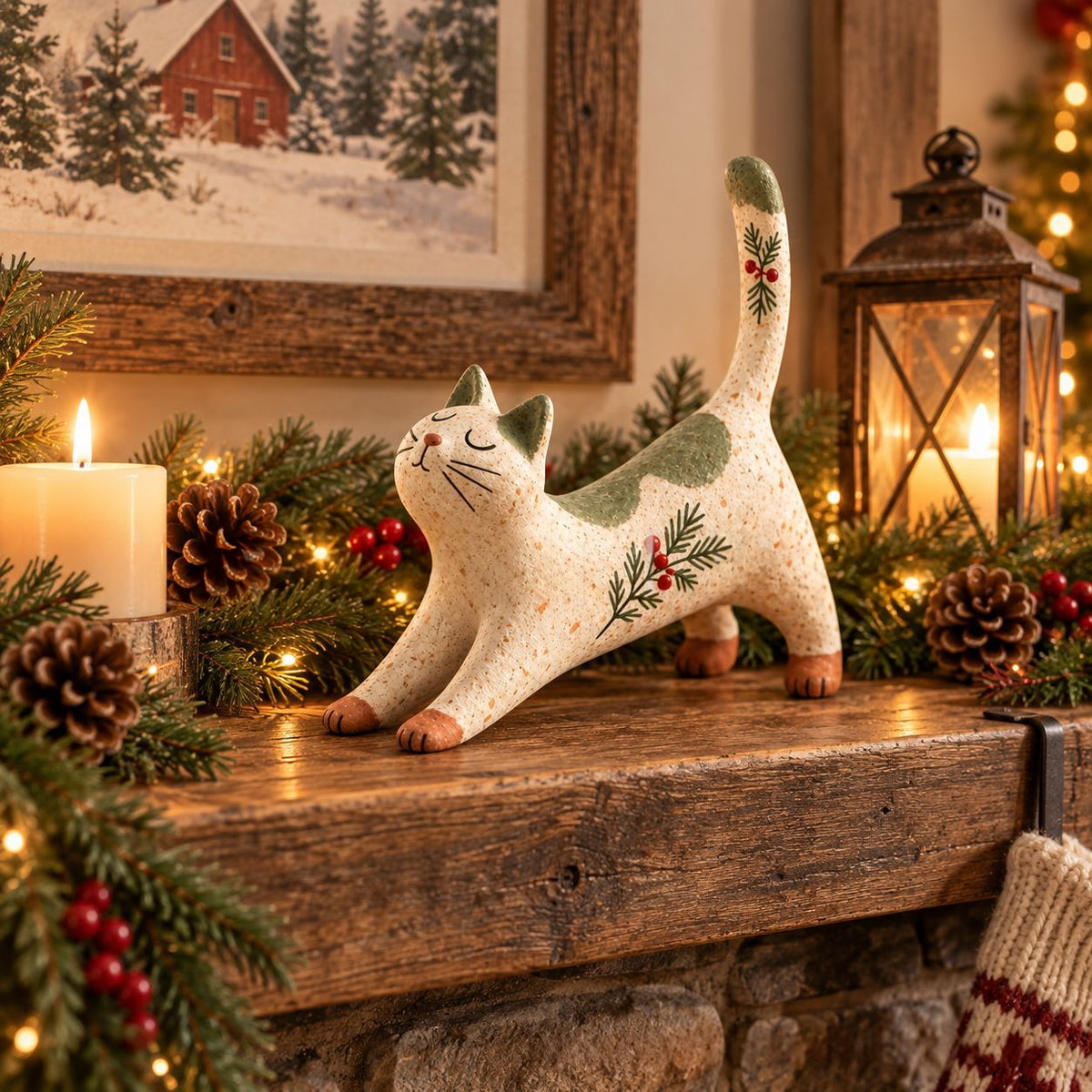 Forest Christmas Cat Figurine Ornament