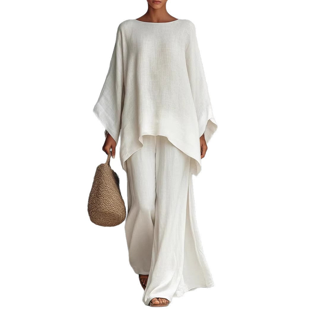 Casual 2-piece Set Loose Long-sleeved Wide-leg Trousers For Womens Minimalist Relaxed-fit Top And Wide-leg Pants Set For Daily Wear Work Vacation Outfits