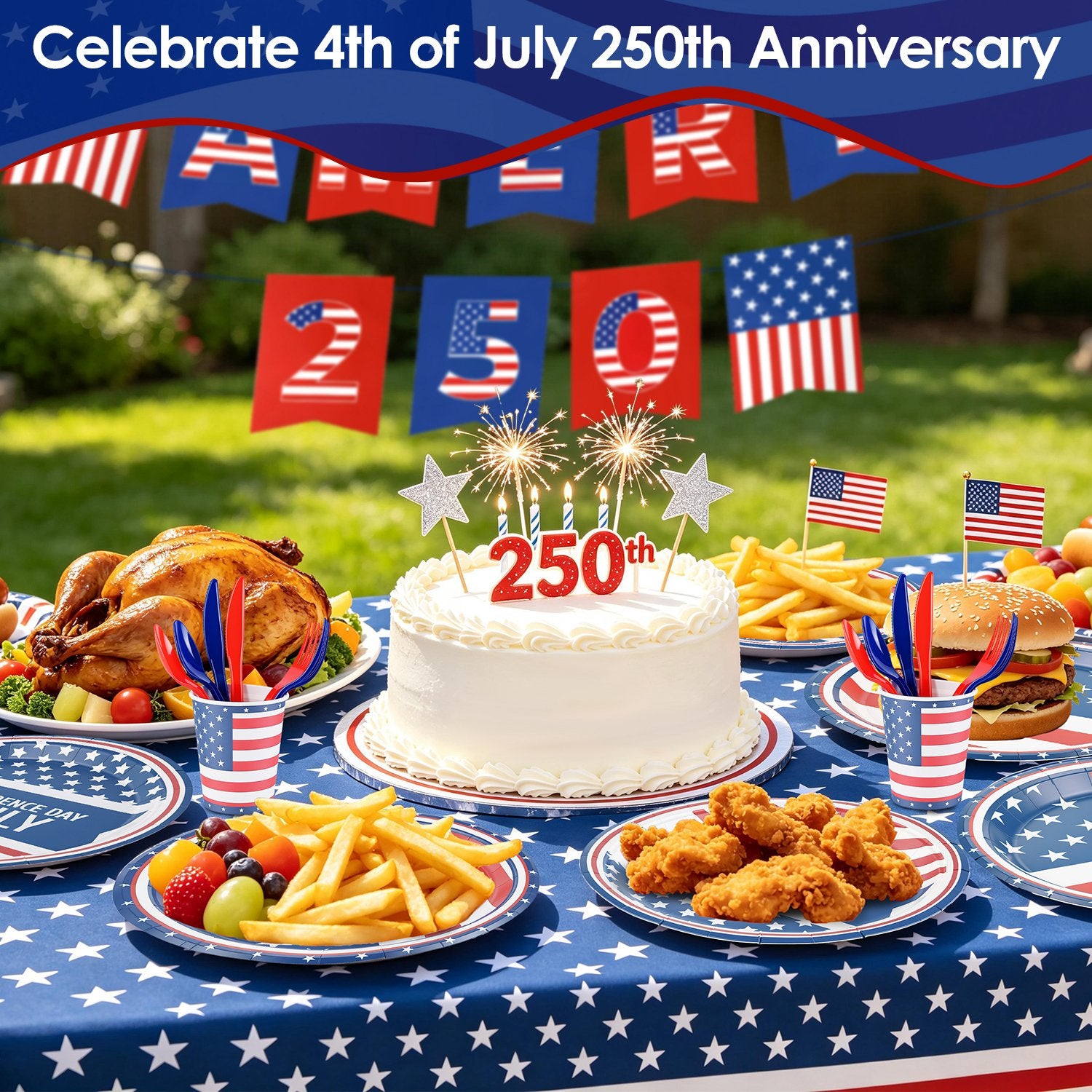 181Pcs 4th Of July 250th Anniversary Party Supplies Set Independence Day Red White Blue Disposable Tableware With Plates Cups Cutlery Napkins Banner Tablecloth Serves 24 For Memorial Day National Hol