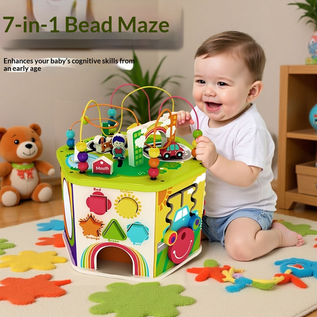Wooden Activity Cube with Bead Maze for Kids