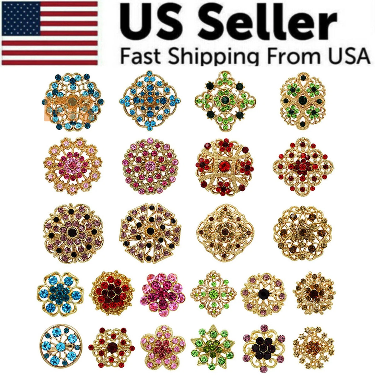 24pc Vintage Brooch Lot Mixed Alloy Rhinestone Crystal Pins Wedding