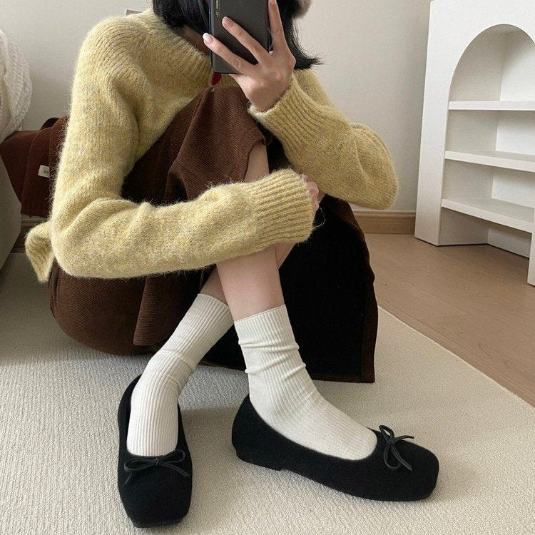 Women's Square Toe Bow Decor Fuzzy Flat Slip On Mules