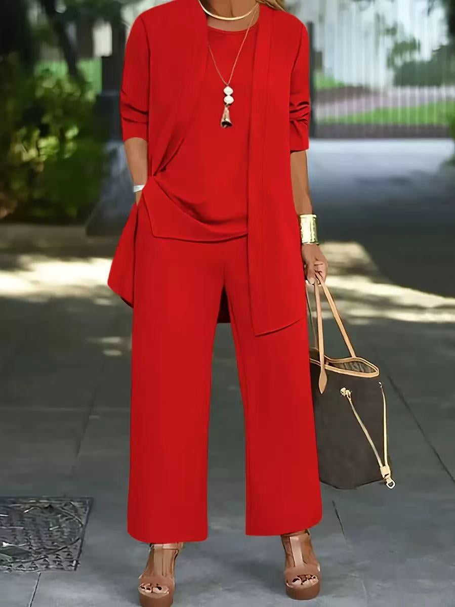 3-piece Cardigan Suit Pure Color Split Sleeveless Vest Top Long Sleeve Jacket And Wide Leg Pants Set